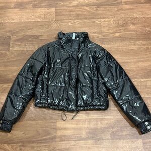 Designer lab cropped shiny black coat/ jacket size small